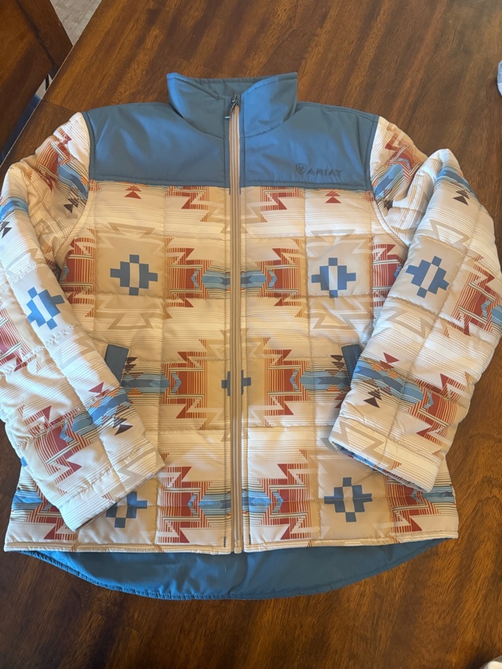 Ariat Kids' Aztec Print Puffer Jacket in Cream & Blue